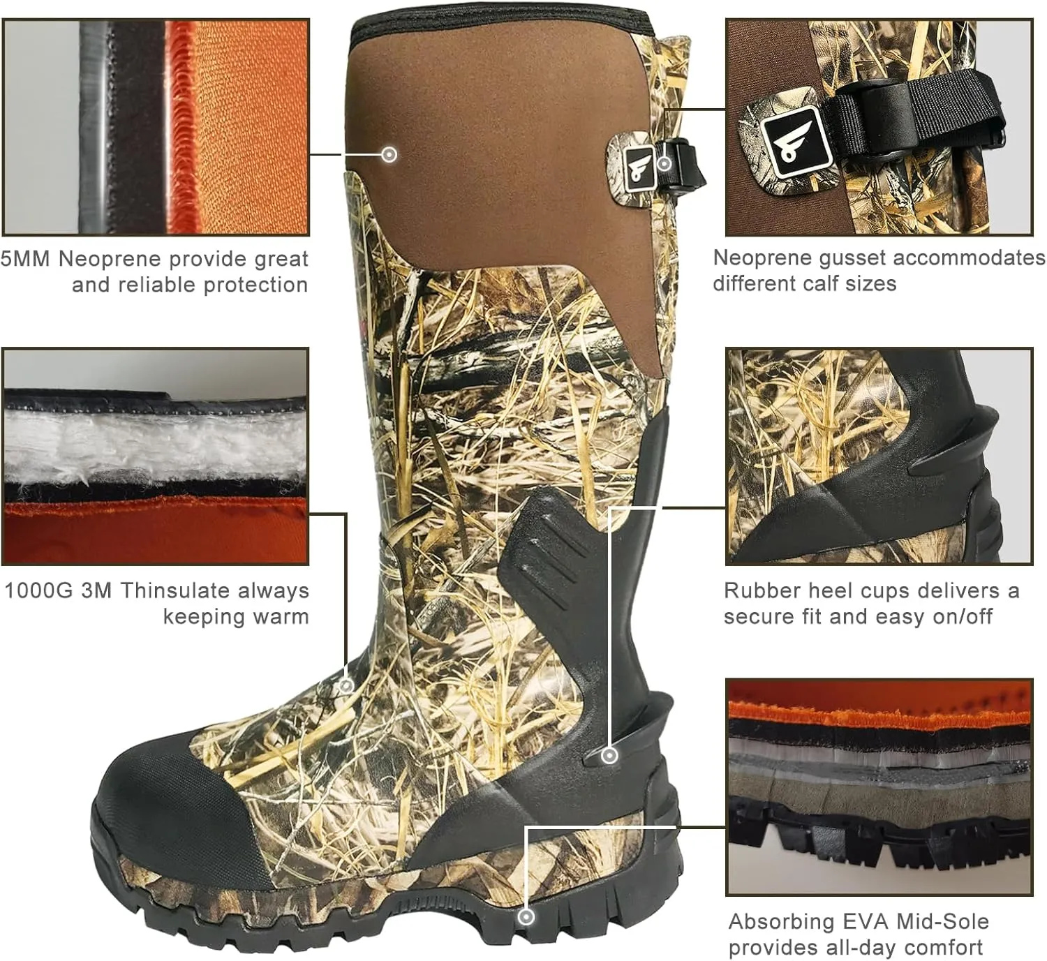 8 Fans Rubber Hunting Boots with 1000G Thinsulate Insulation,Next Camo Waterproof Rubber Mud Muck Boots with 5mm Neoprene for Men