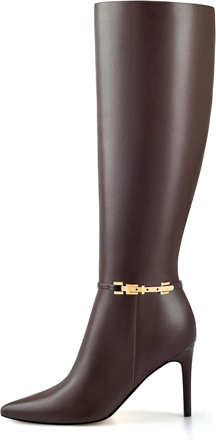 Adrizzlein Knee High Boots Women Pointed Toe Stiletto Tall Boots Sexy High Heel Long Boots Fashion Dress Shoes With Side Zipper