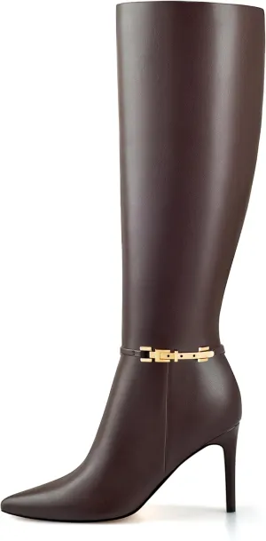Adrizzlein Knee High Boots Women Pointed Toe Stiletto Tall Boots Sexy High Heel Long Boots Fashion Dress Shoes With Side Zipper
