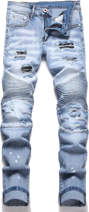 AITITIA Men's Biker Zipper Deco Washed Straight Fit Jeans