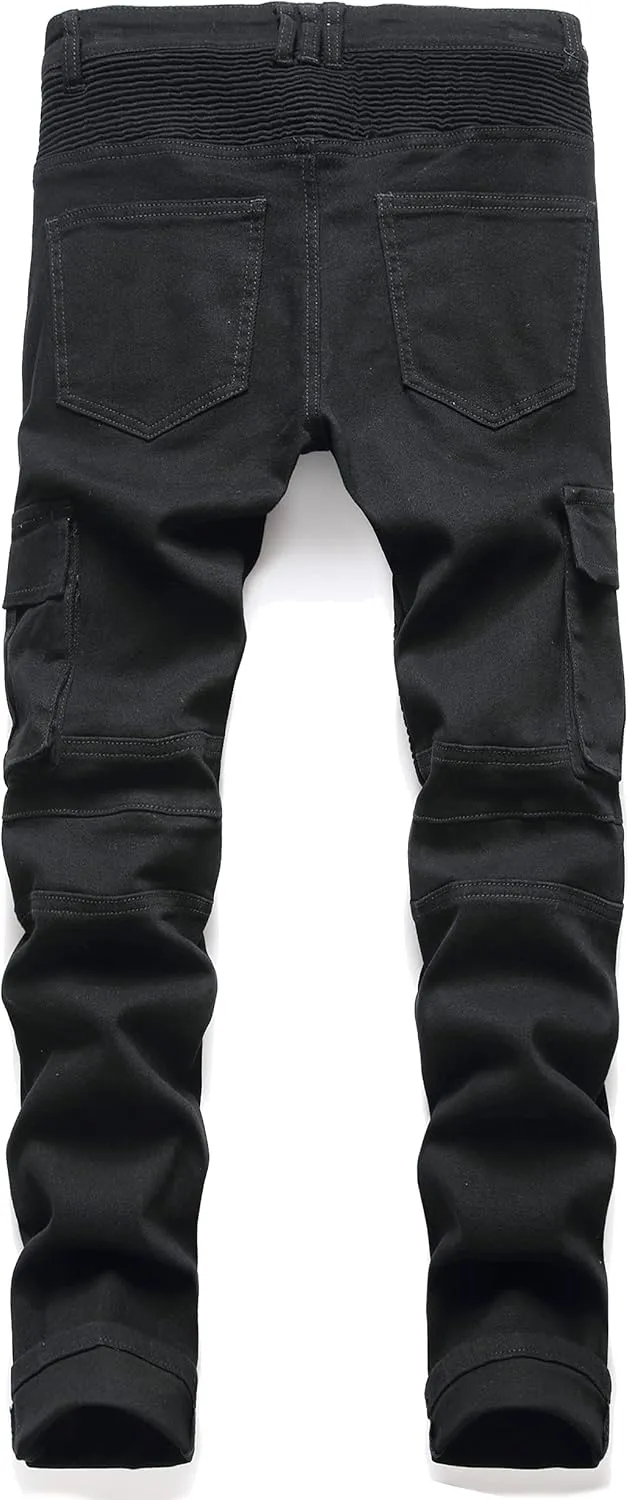 AITITIA Men's Biker Zipper Deco Washed Straight Fit Jeans