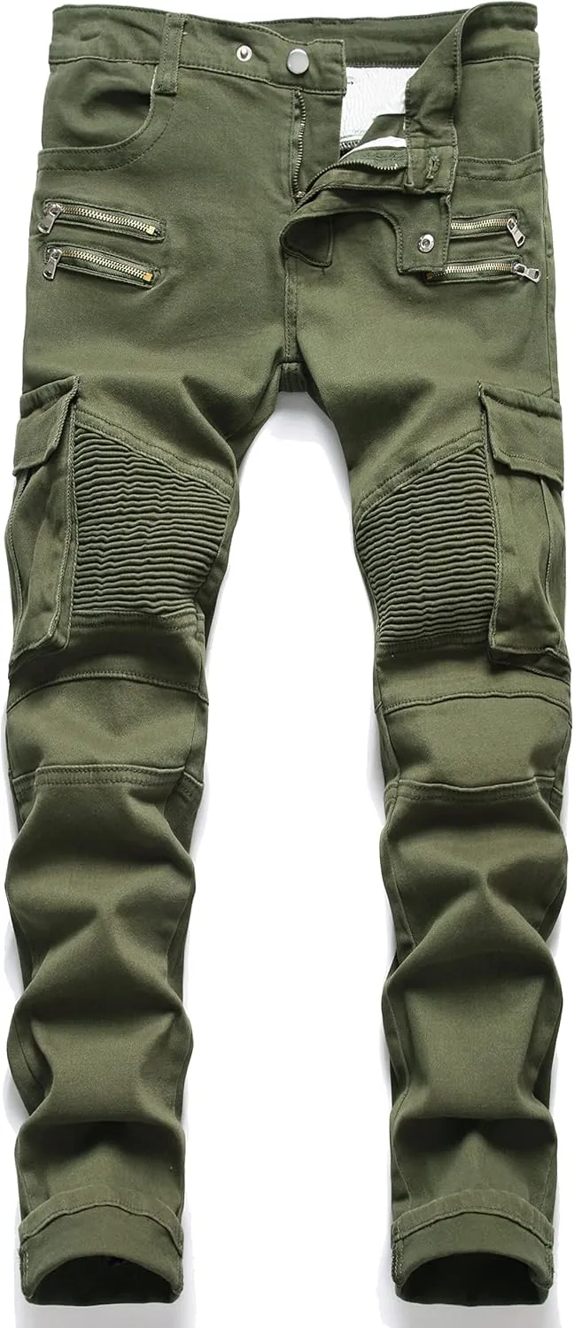 AITITIA Men's Biker Zipper Deco Washed Straight Fit Jeans