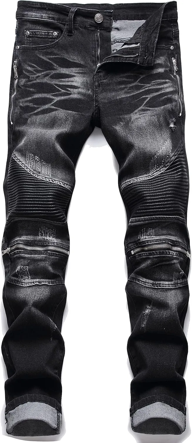 AITITIA Men's Biker Zipper Deco Washed Straight Fit Jeans