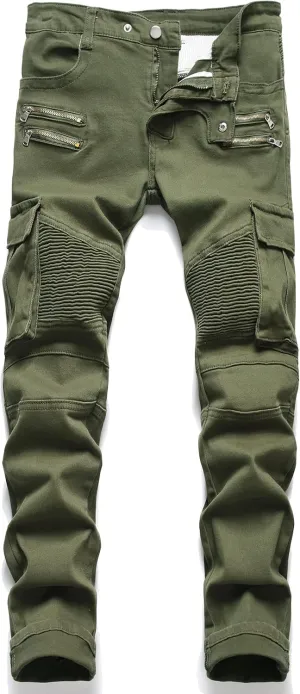 AITITIA Men's Biker Zipper Deco Washed Straight Fit Jeans