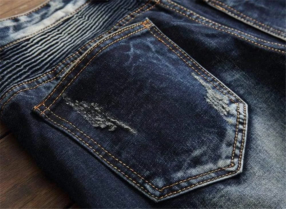 AITITIA Men's Biker Zipper Deco Washed Straight Fit Jeans