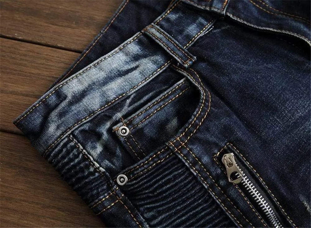 AITITIA Men's Biker Zipper Deco Washed Straight Fit Jeans