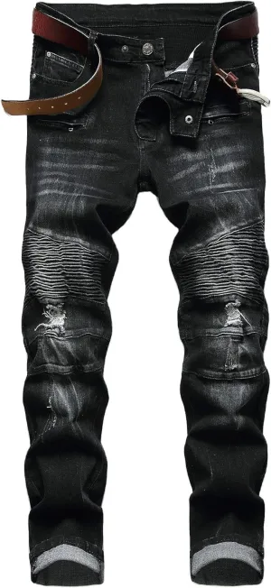 AITITIA Men's Biker Zipper Deco Washed Straight Fit Jeans