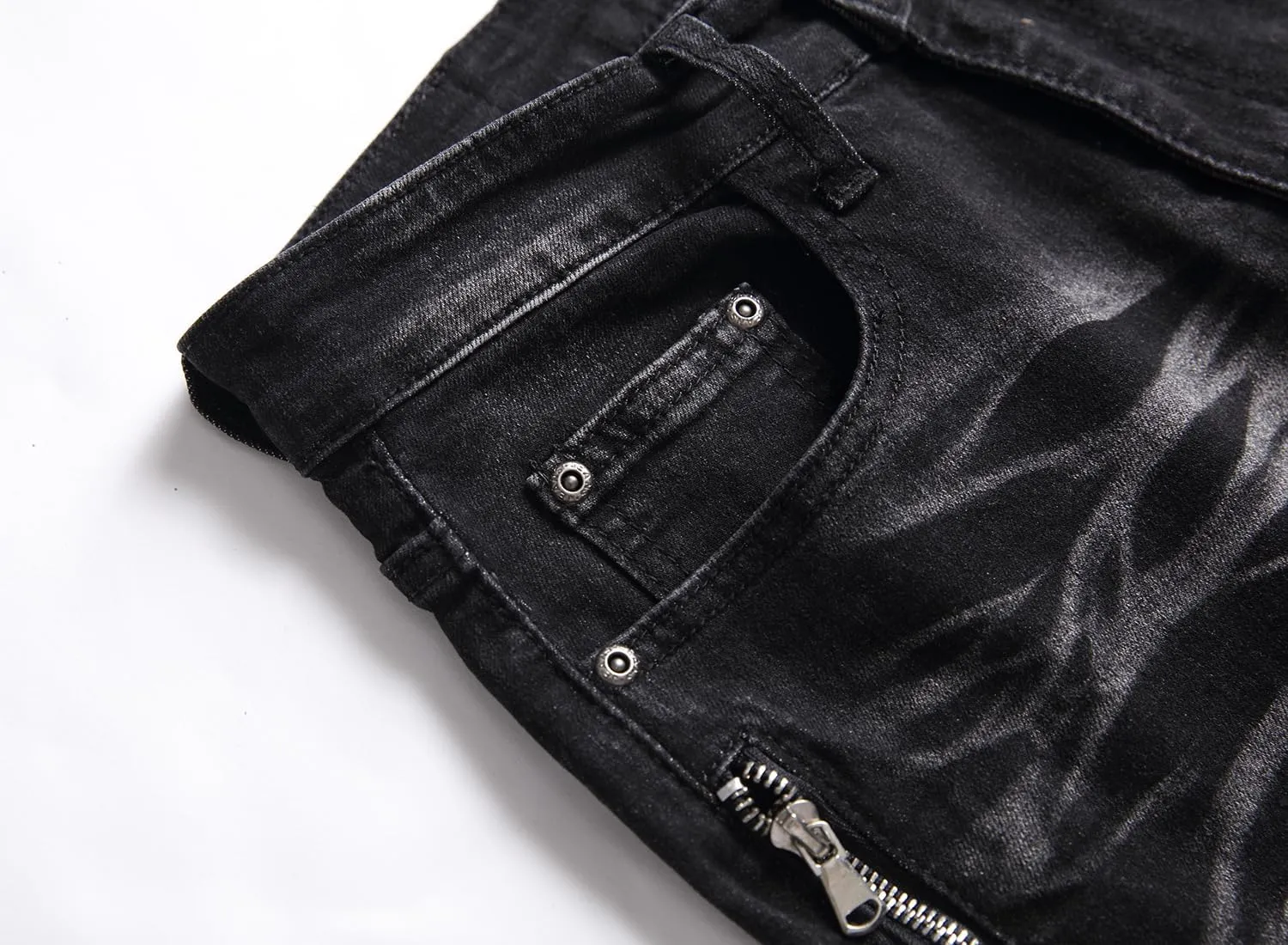 AITITIA Men's Biker Zipper Deco Washed Straight Fit Jeans