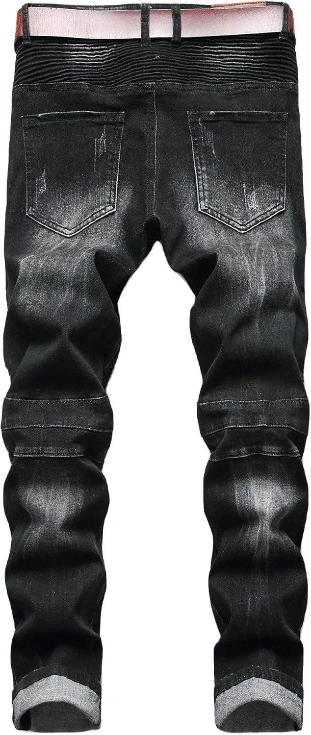 AITITIA Men's Biker Zipper Deco Washed Straight Fit Jeans