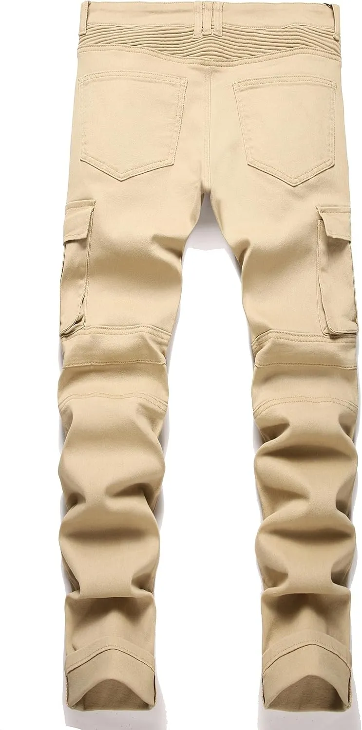 AITITIA Men's Biker Zipper Deco Washed Straight Fit Jeans