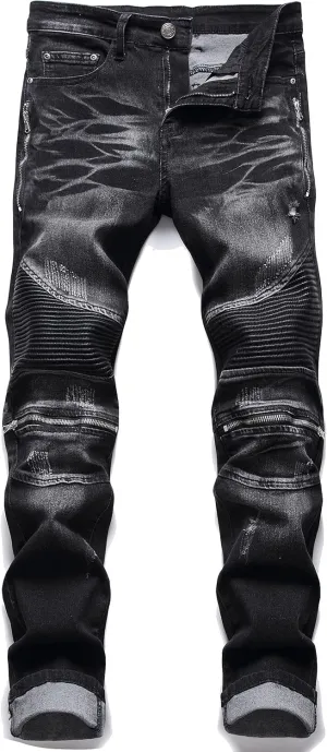 AITITIA Men's Biker Zipper Deco Washed Straight Fit Jeans