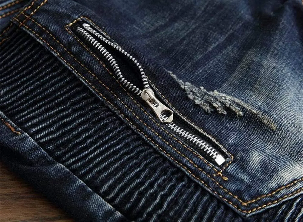 AITITIA Men's Biker Zipper Deco Washed Straight Fit Jeans