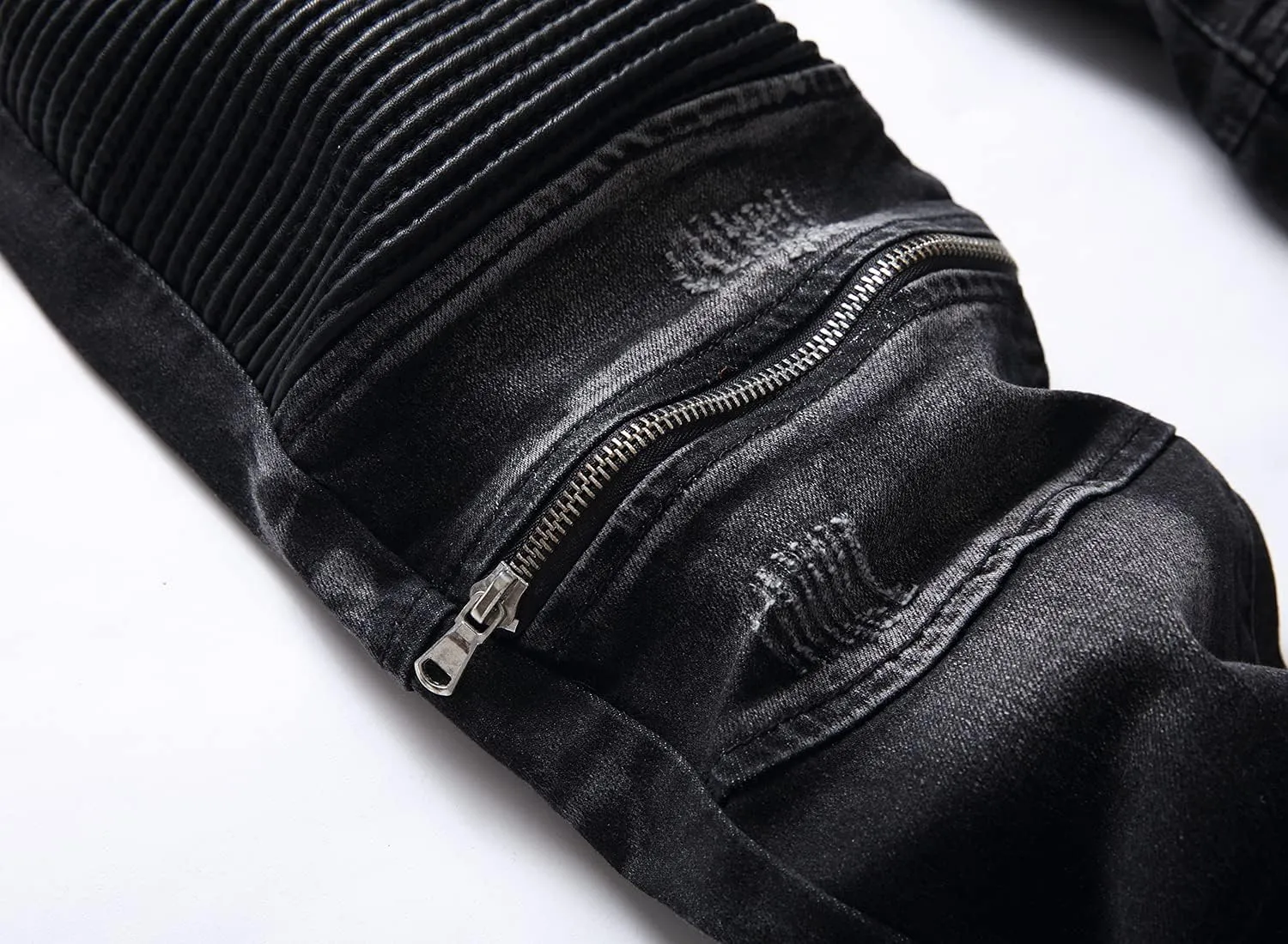 AITITIA Men's Biker Zipper Deco Washed Straight Fit Jeans
