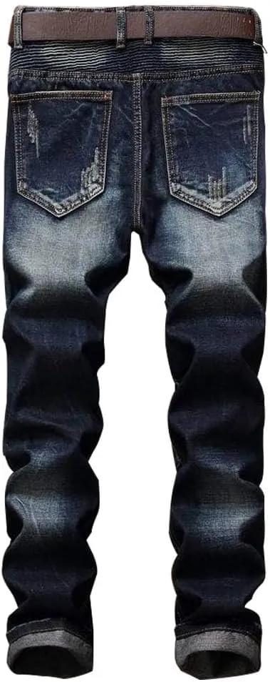 AITITIA Men's Biker Zipper Deco Washed Straight Fit Jeans