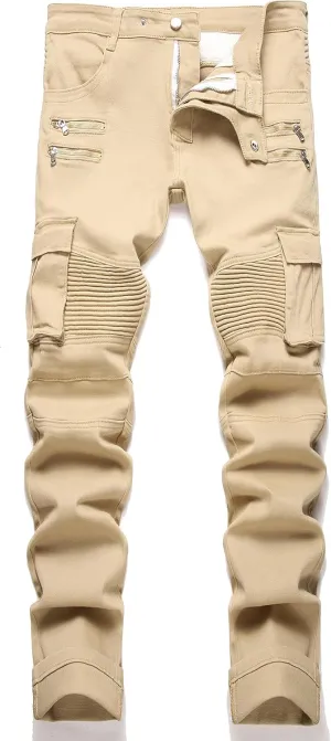 AITITIA Men's Biker Zipper Deco Washed Straight Fit Jeans