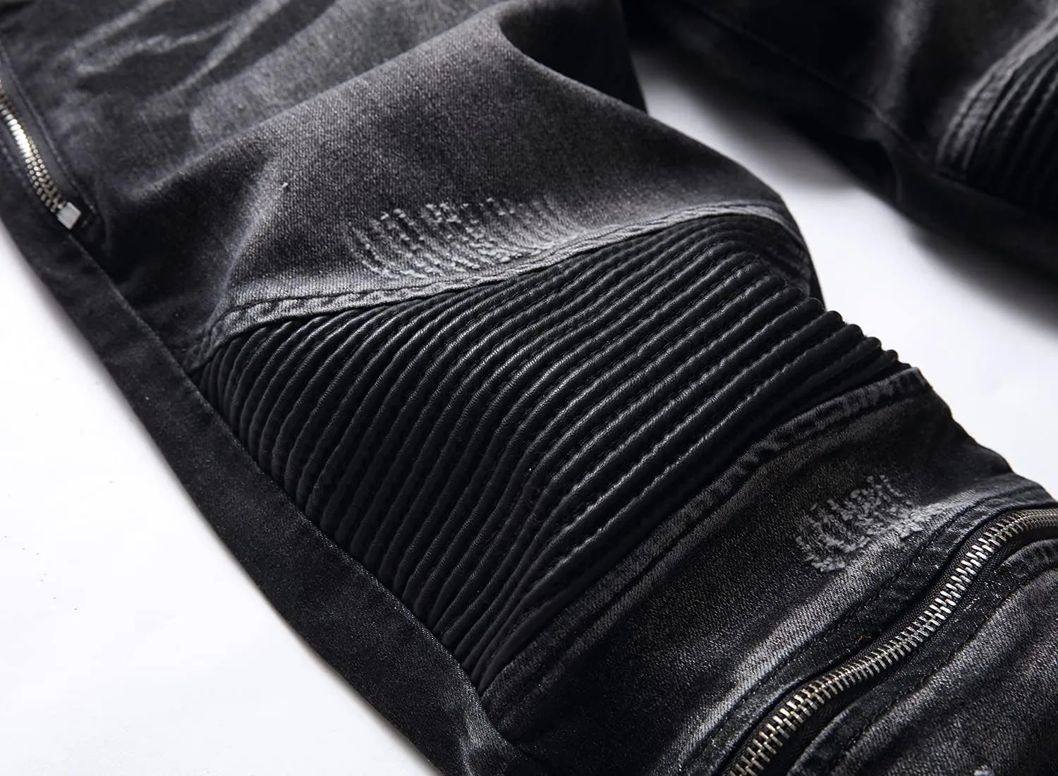 AITITIA Men's Biker Zipper Deco Washed Straight Fit Jeans