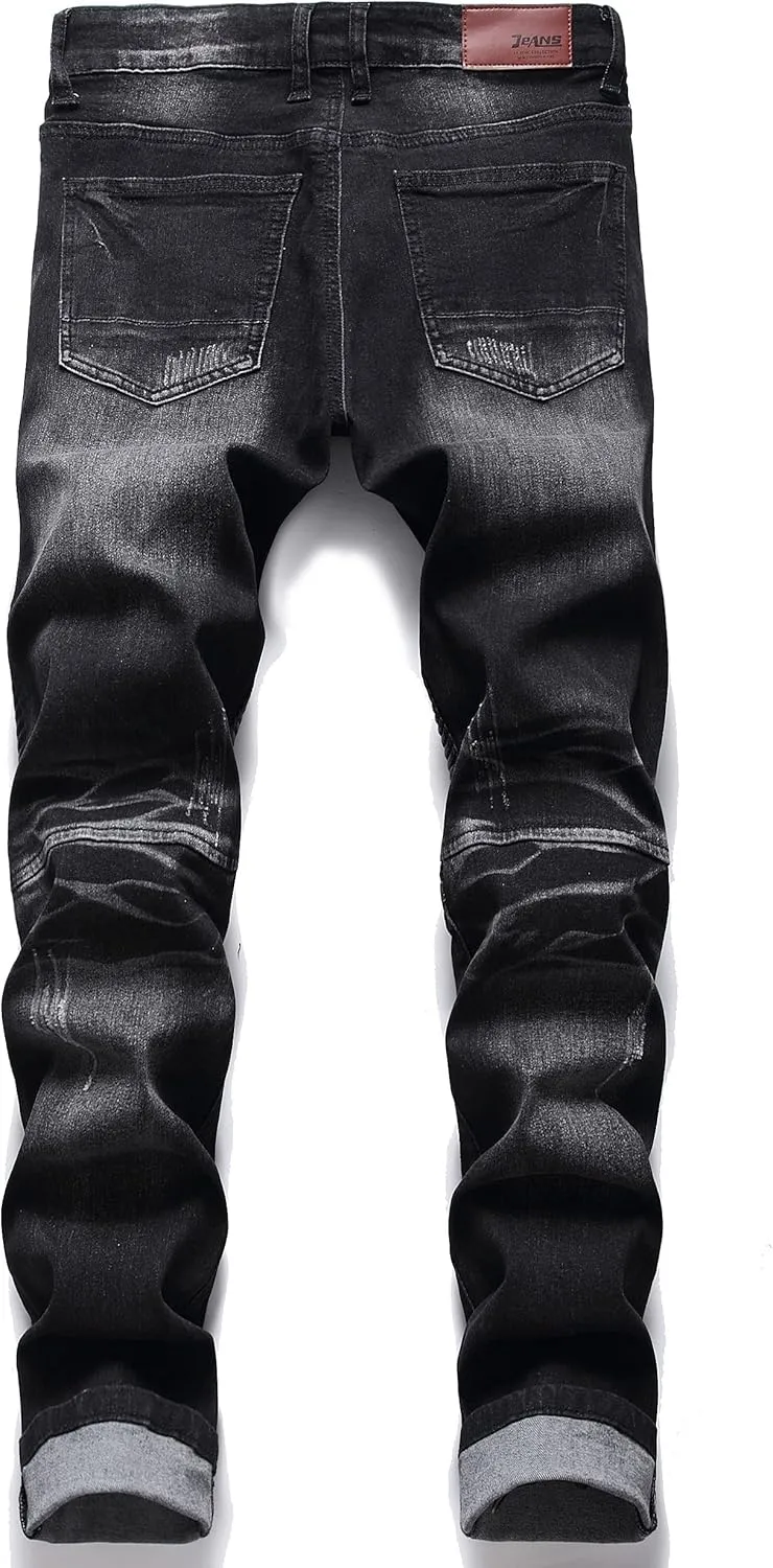 AITITIA Men's Biker Zipper Deco Washed Straight Fit Jeans