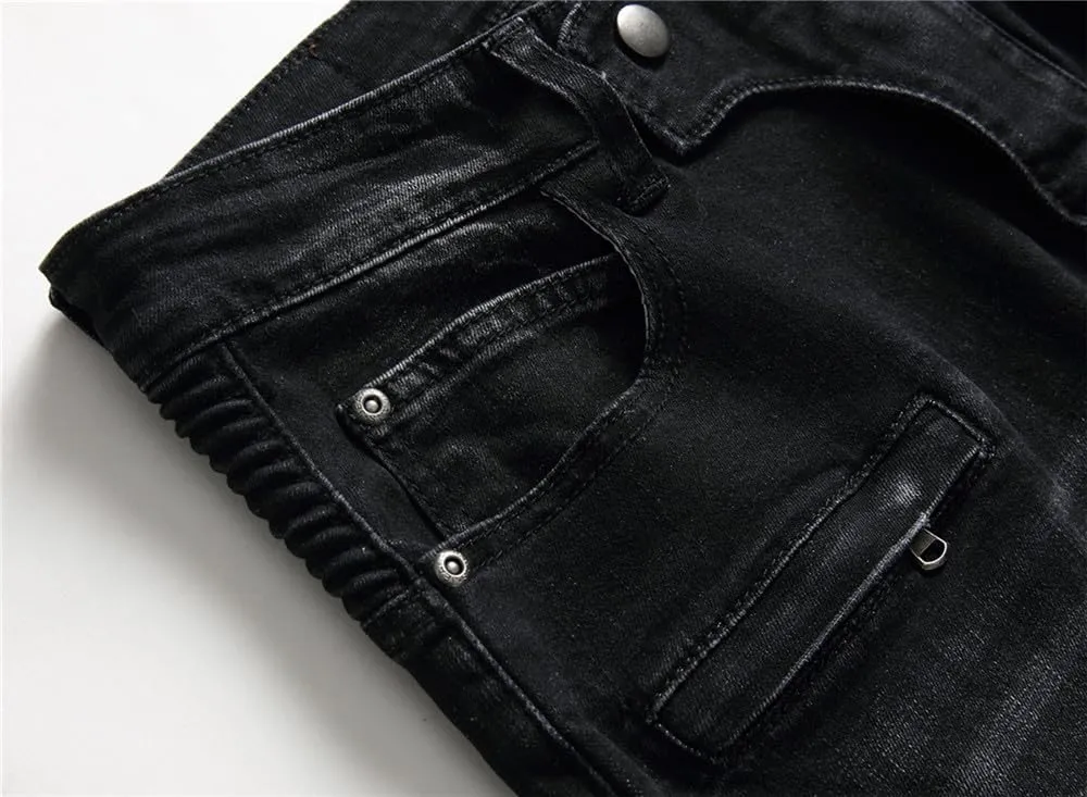 AITITIA Men's Biker Zipper Deco Washed Straight Fit Jeans