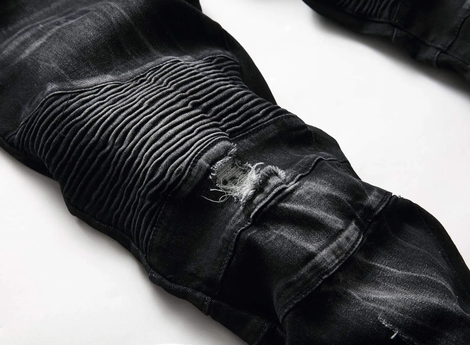 AITITIA Men's Biker Zipper Deco Washed Straight Fit Jeans