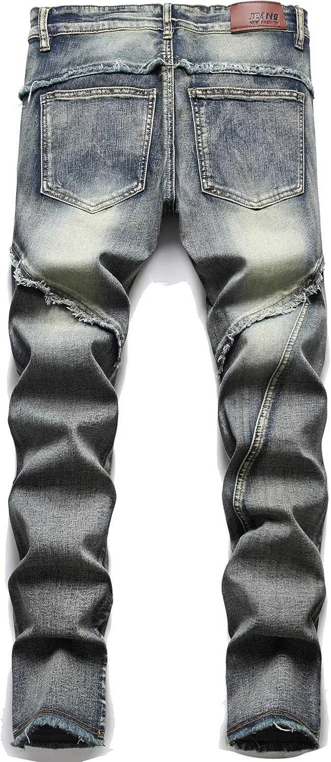 AITITIA Men's Patch Ripped Regular Fit Stretch Jeans