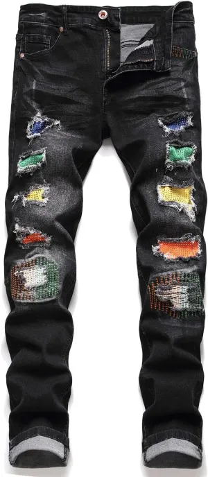 AITITIA Men's Patch Ripped Regular Fit Stretch Jeans