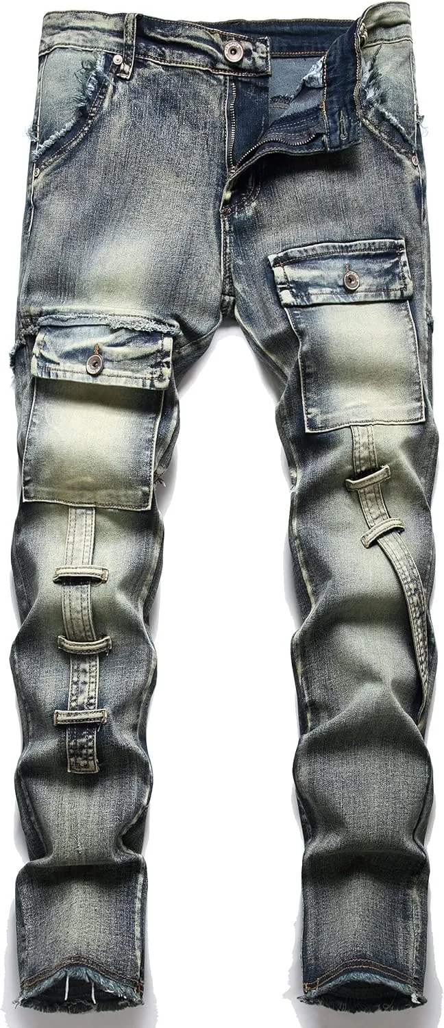 AITITIA Men's Patch Ripped Regular Fit Stretch Jeans