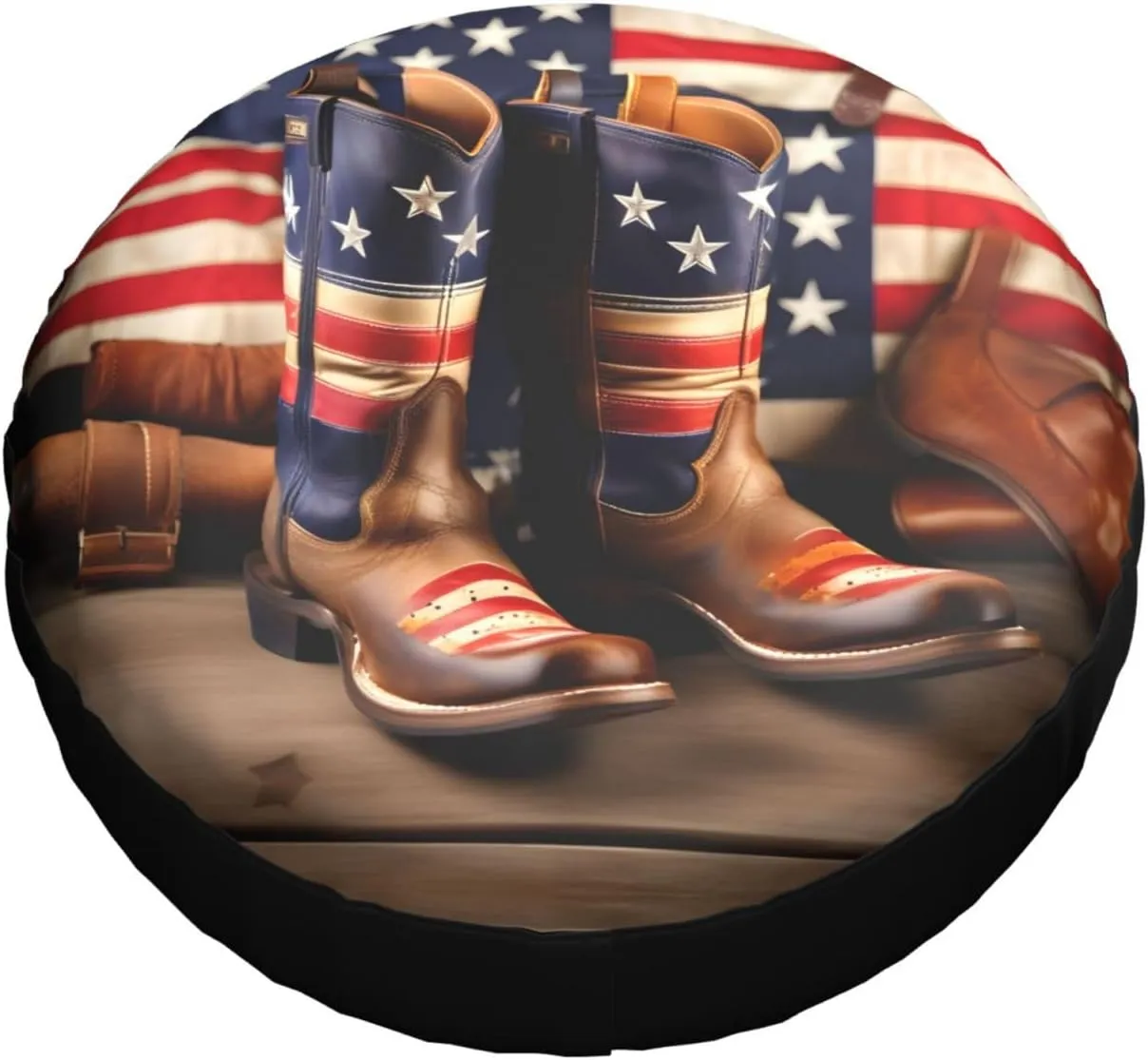 American Flag with Cowboy Boots Print Spare Tire Cover Wheel Tire Cover Fit Rv, SUV and Many Vehicle Accessories