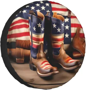 American Flag with Cowboy Boots Print Spare Tire Cover Wheel Tire Cover Fit Rv, SUV and Many Vehicle Accessories