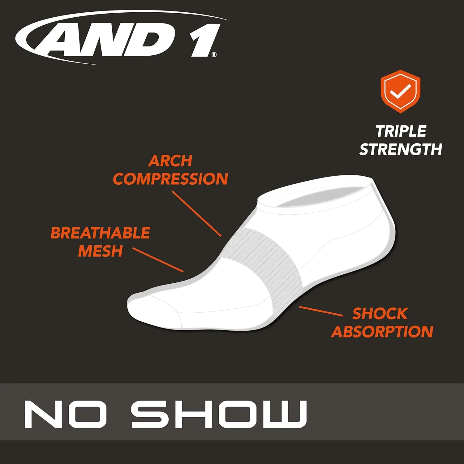 AND1 Men's No Show Socks - 12 Pack Performance Stretch Athletic Compression Socks for Men - Sports Low Cut Socks (6-12.5)