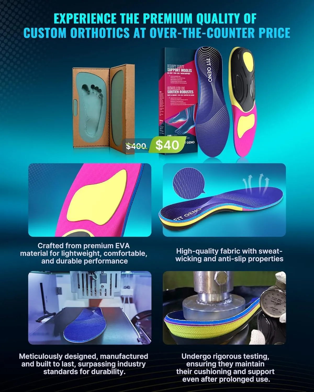 Arch Support Plantar Fasciitis Insoles: Fit Geno Orthotics Inserts for High Arch Pain Relief – Heavy Duty Shoe Inserts for Women & Men 220lbs  – for Work Boots & Sneakers (Women's 12-13 / Men's 10-11)