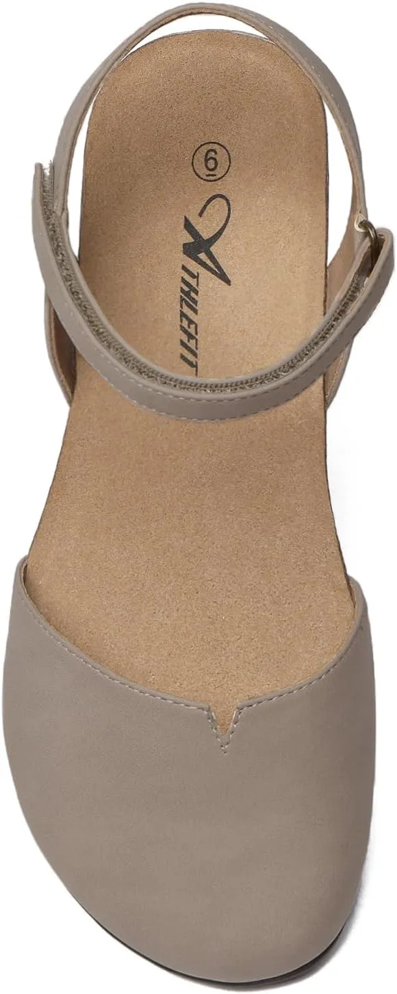 Athlefit Women's Closed Toe Sandals Comfort Cork Footbed Arch Support Flat Sandals