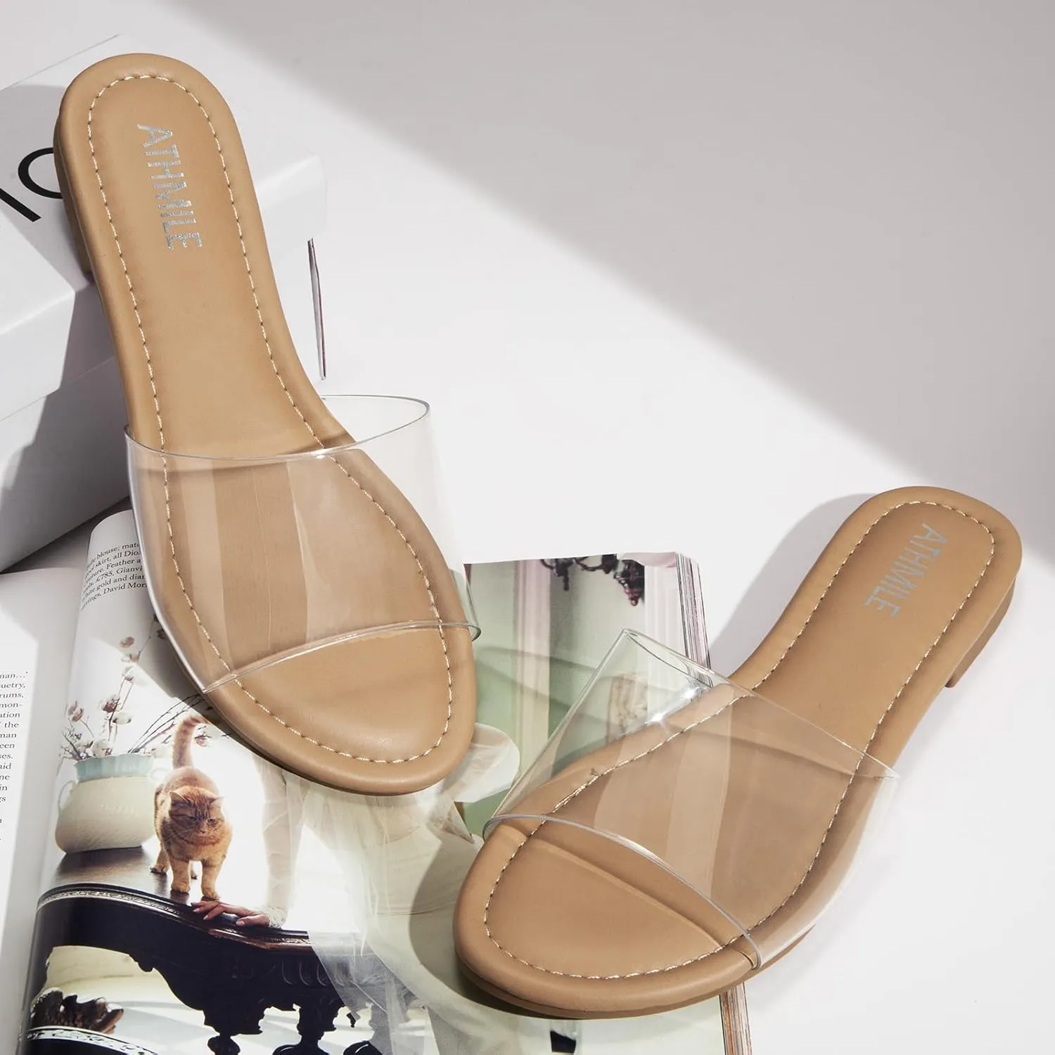 ATHMILE Sandals for Women 2025 One Band Womens Sandals Dressy Open Toe Flats Summer Slides for Casual Party Cute Beach