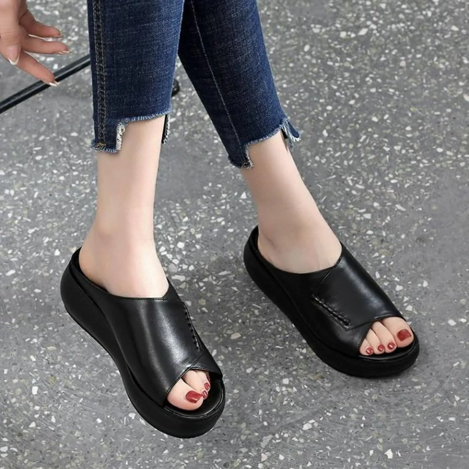 AUNTHUI Women Open Toe Platform Wedge Mule Sandals with Arch Support,Non-Slip Comfortable Summer Fish Toe Sandals Outdoor Beach Walking