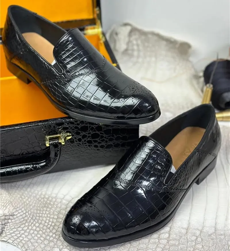 Authentic Exotic Crocodile Skin Business Style Men Black Dress Shoes Genuine Alligator Leather Male Slip-on Brogue Dress Loafers
