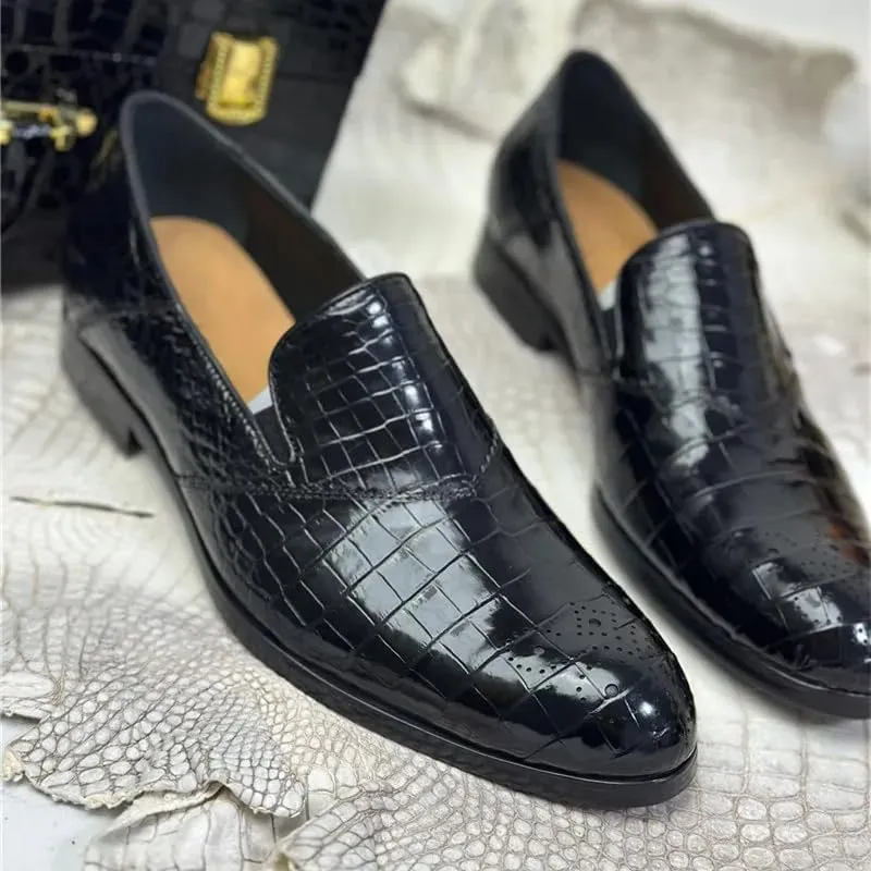 Authentic Exotic Crocodile Skin Business Style Men Black Dress Shoes Genuine Alligator Leather Male Slip-on Brogue Dress Loafers