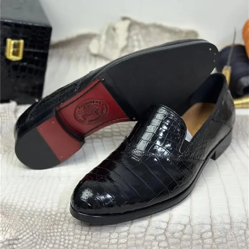 Authentic Exotic Crocodile Skin Business Style Men Black Dress Shoes Genuine Alligator Leather Male Slip-on Brogue Dress Loafers