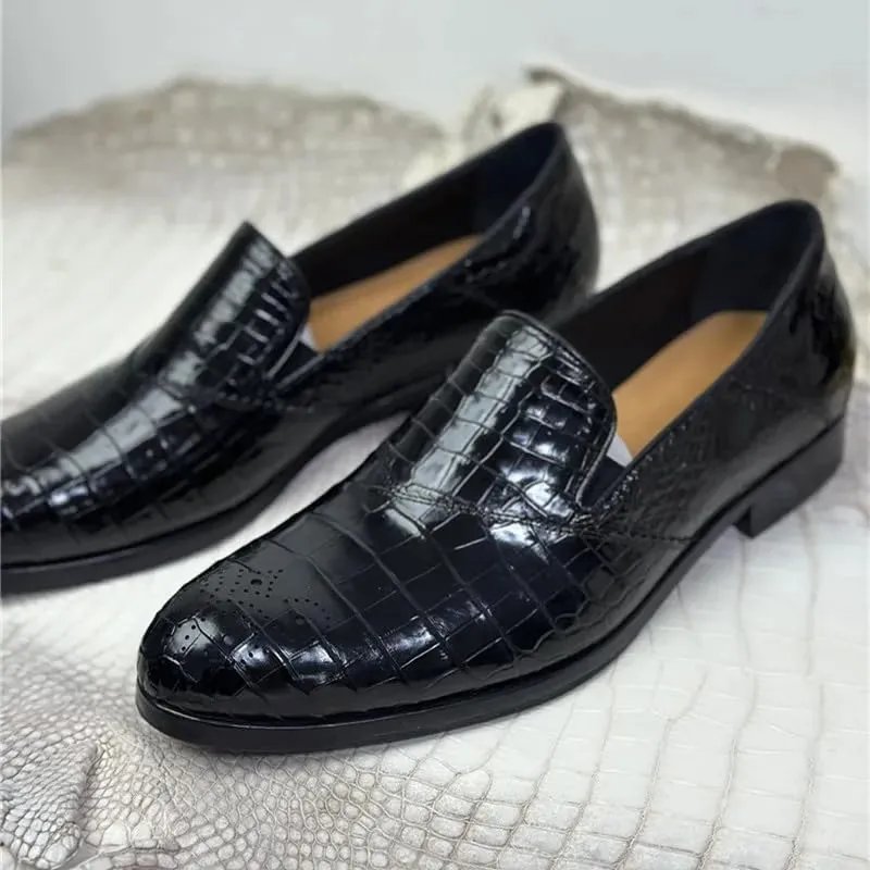 Authentic Exotic Crocodile Skin Business Style Men Black Dress Shoes Genuine Alligator Leather Male Slip-on Brogue Dress Loafers