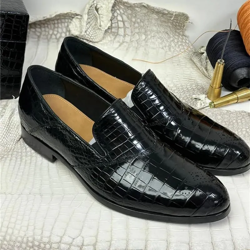 Authentic Exotic Crocodile Skin Business Style Men Black Dress Shoes Genuine Alligator Leather Male Slip-on Brogue Dress Loafers