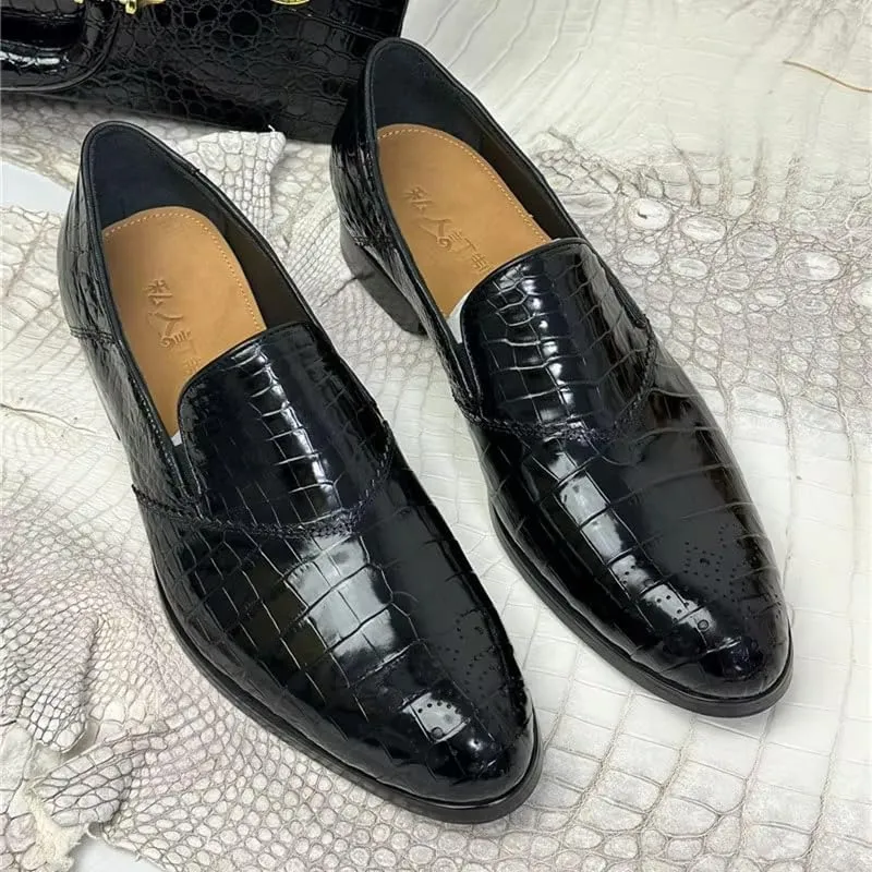 Authentic Exotic Crocodile Skin Business Style Men Black Dress Shoes Genuine Alligator Leather Male Slip-on Brogue Dress Loafers