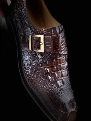 Authentic Exotic Crocodile Skin Handcraft Men's Brown Dress Shoes Genuine Real True Alligator Leather Buckle Strap Male Loafers