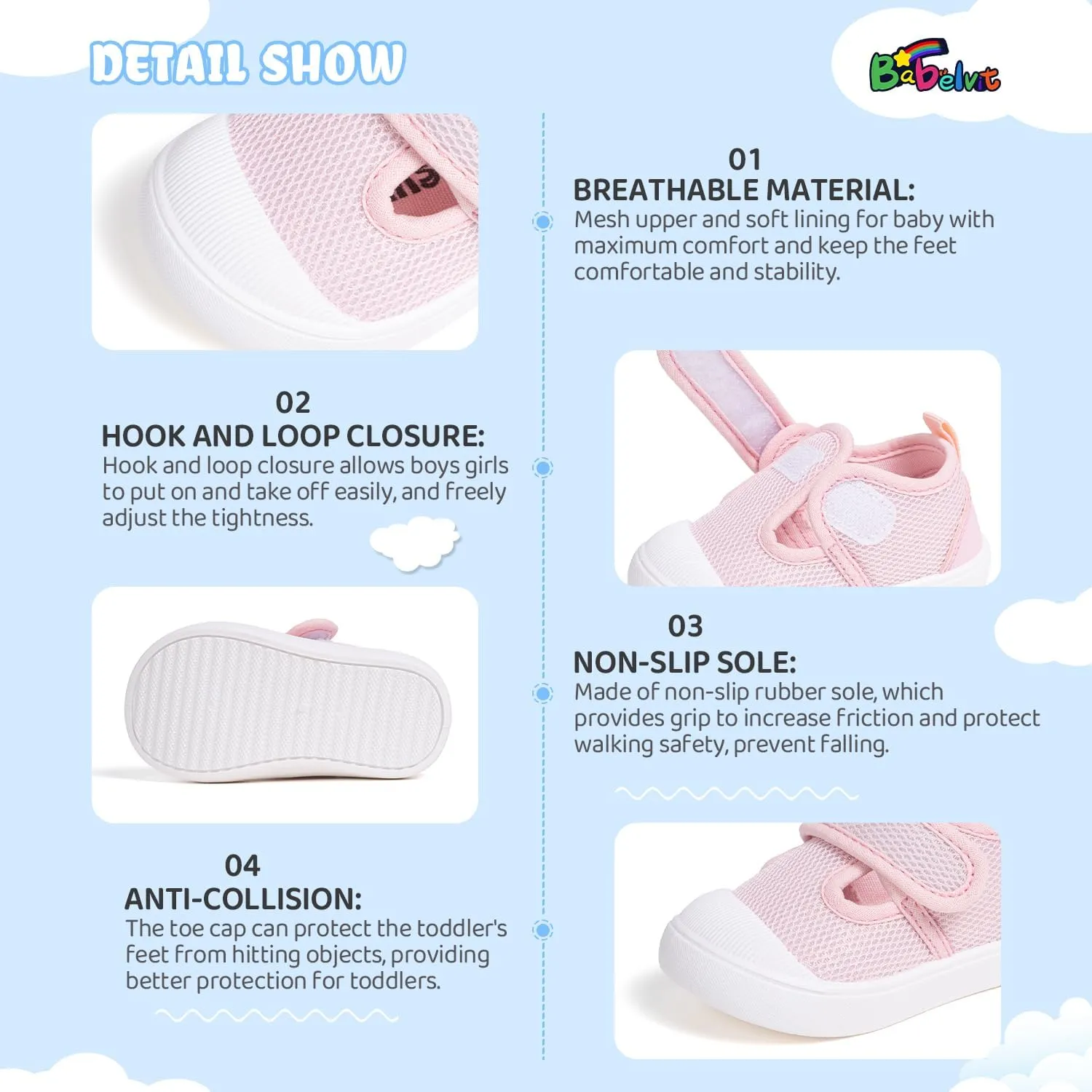 Babelvit Toddler Girls Boys Classic Sneakers Baby T-Strap Hook Loop Breathable Mesh Anti-Collision Walking Shoes Infant Non Slip Comfortable Casual School Shoes