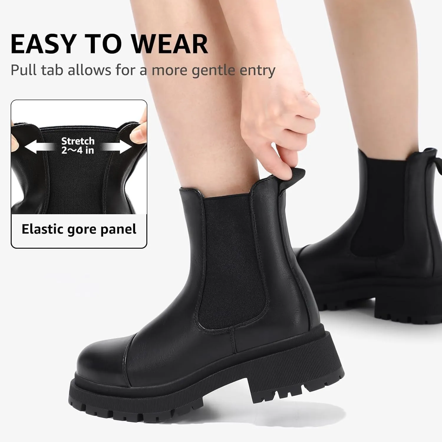 Bacia Chelsea Boots Women Lug Sole Ankle Boots Chunky Heel Slip On Booties