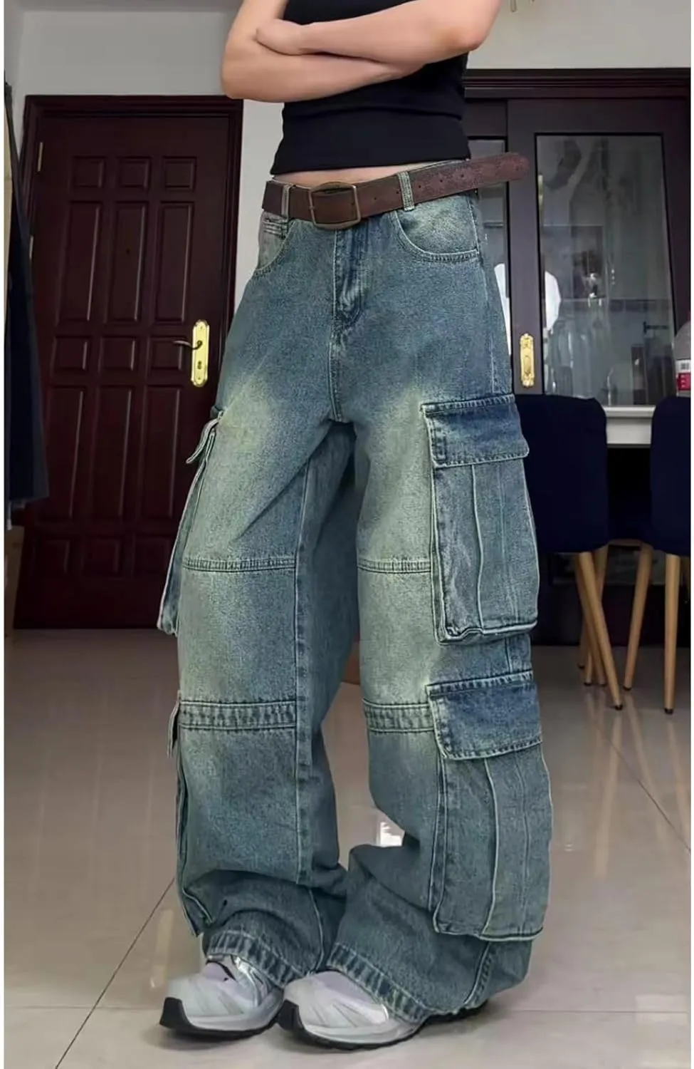 Baggy Cargo Jeans for Women Men Y2K Cargo Denim Sweatpants Low Rise Wide Leg Pants Streetwear Clothes
