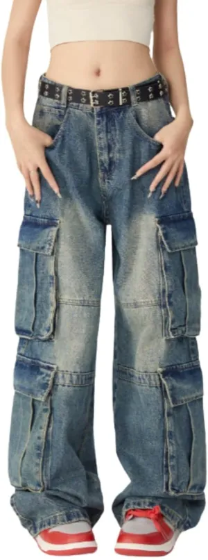 Baggy Cargo Jeans for Women Men Y2K Cargo Denim Sweatpants Low Rise Wide Leg Pants Streetwear Clothes