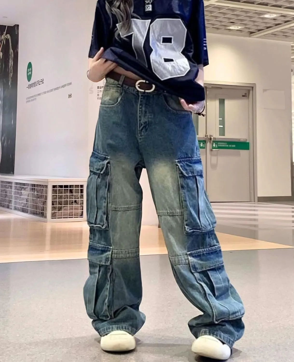 Baggy Cargo Jeans for Women Men Y2K Cargo Denim Sweatpants Low Rise Wide Leg Pants Streetwear Clothes