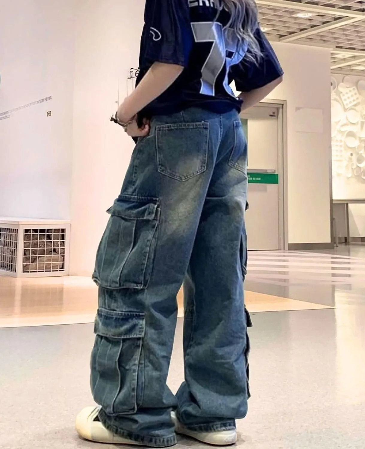 Baggy Cargo Jeans for Women Men Y2K Cargo Denim Sweatpants Low Rise Wide Leg Pants Streetwear Clothes