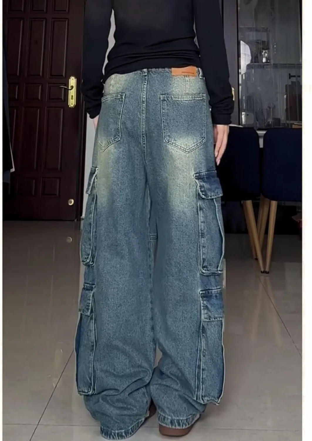 Baggy Cargo Jeans for Women Men Y2K Cargo Denim Sweatpants Low Rise Wide Leg Pants Streetwear Clothes