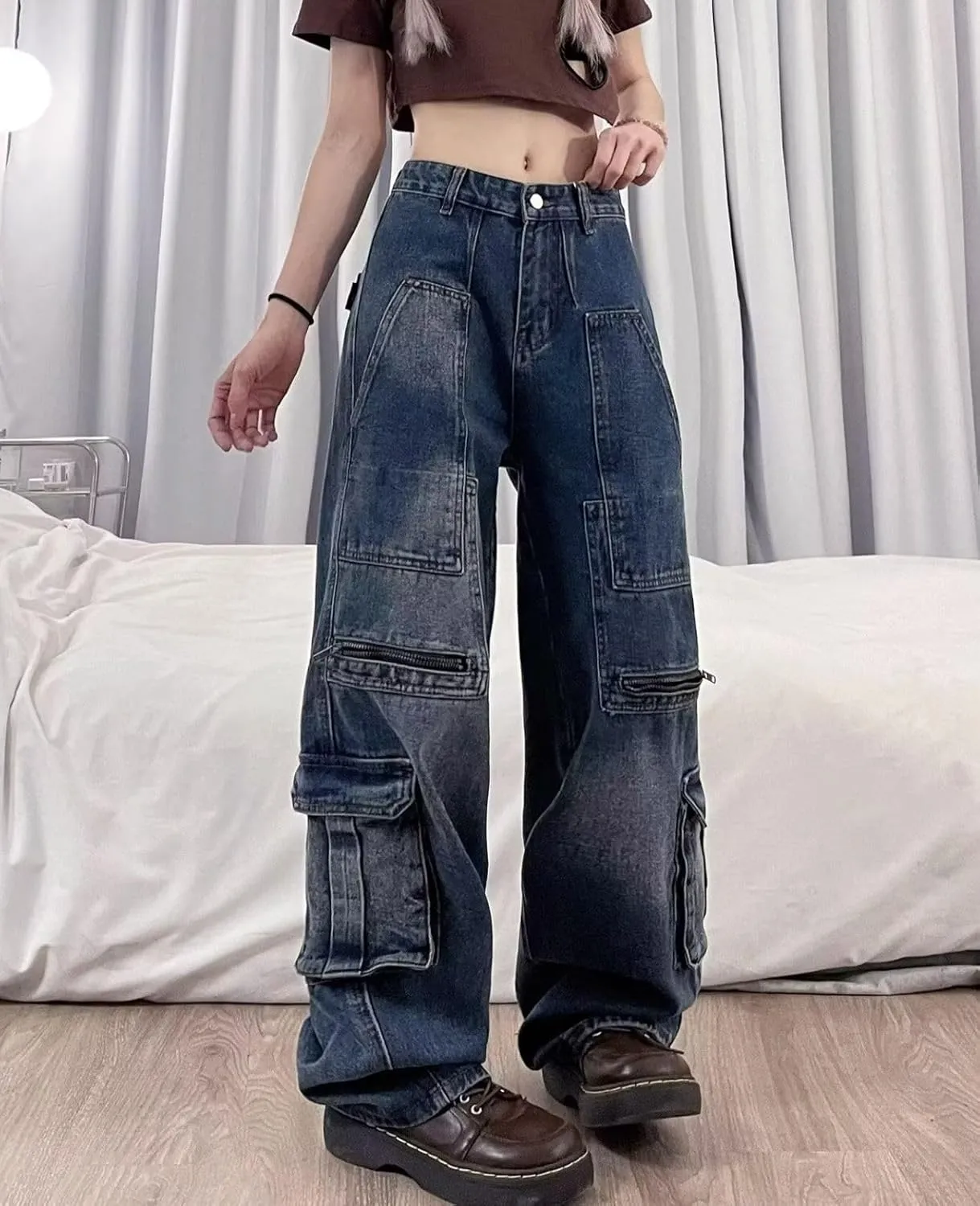 Baggy Cargo Pants for Womens Mens Y2K Loose Low Rise Wide Leg Jeans Harajuku Streetwear Clothes