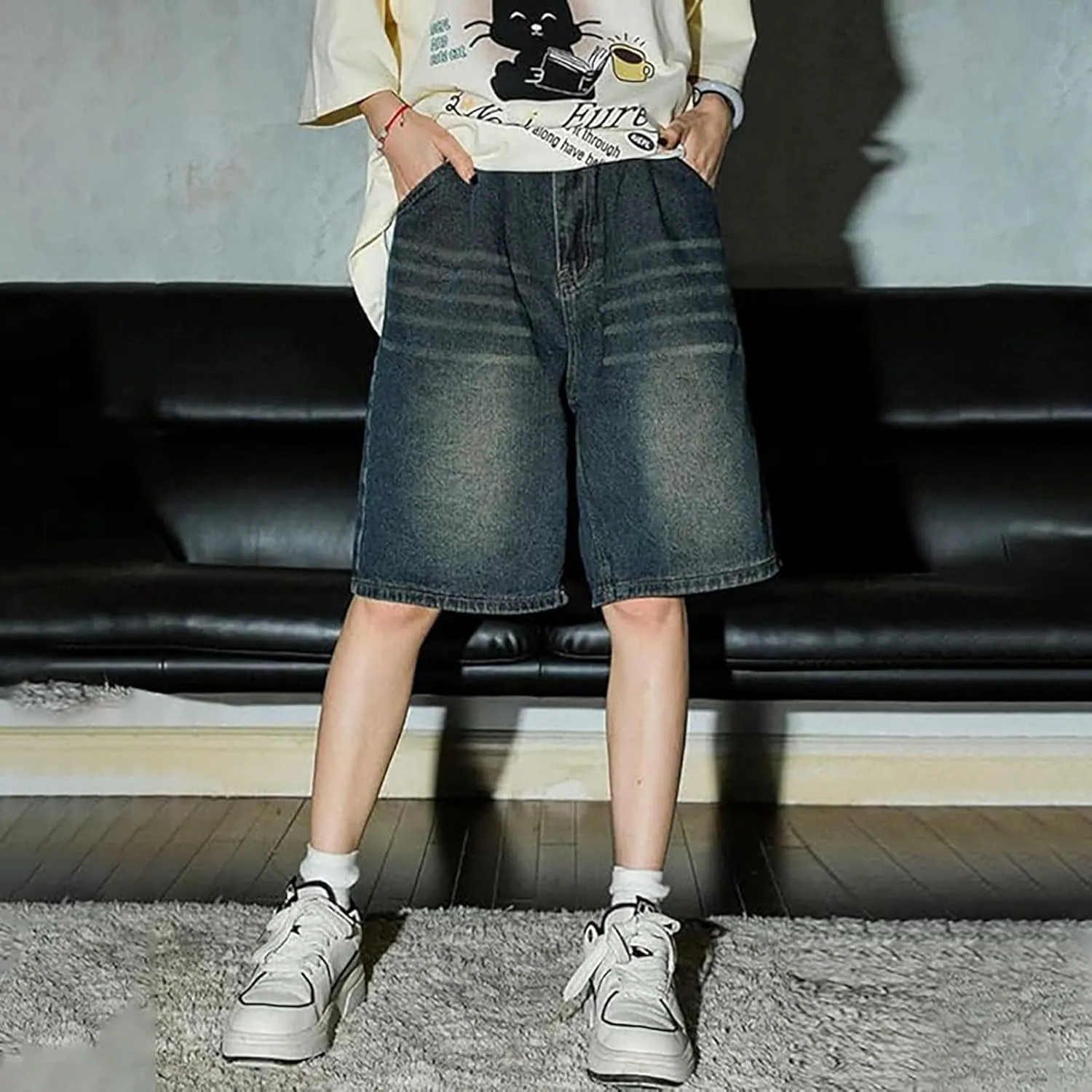 Baggy Jean Shorts for Men Casual Summer Loose Fit Hip Hop Wide Leg Denim Shorts Trendy Outfits