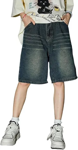 Baggy Jean Shorts for Men Casual Summer Loose Fit Hip Hop Wide Leg Denim Shorts Trendy Outfits